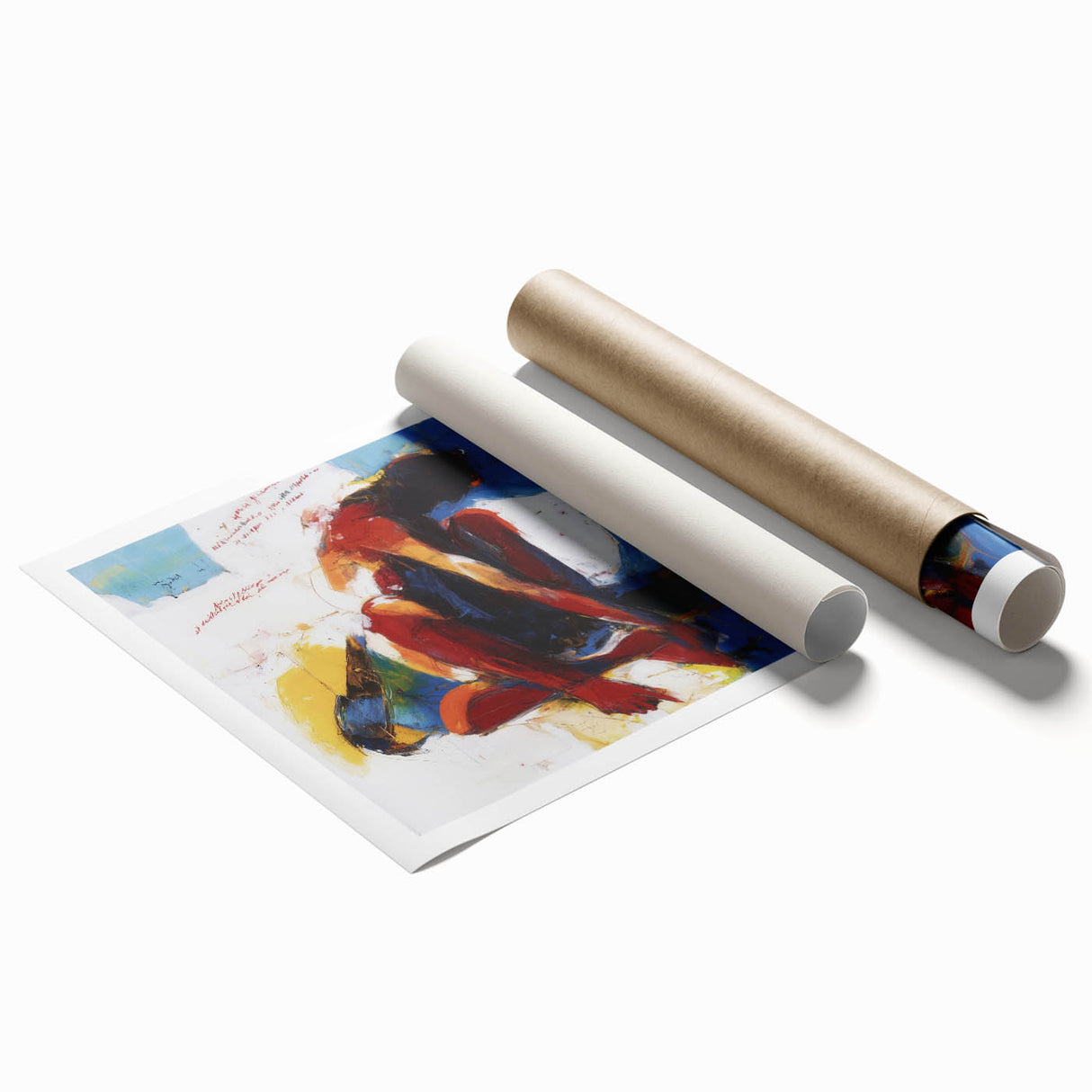 Abstract figurative art print showcasing vibrant colors and dynamic shapes, elegantly rolled in a protective tube, ideal for modern interior decor.
