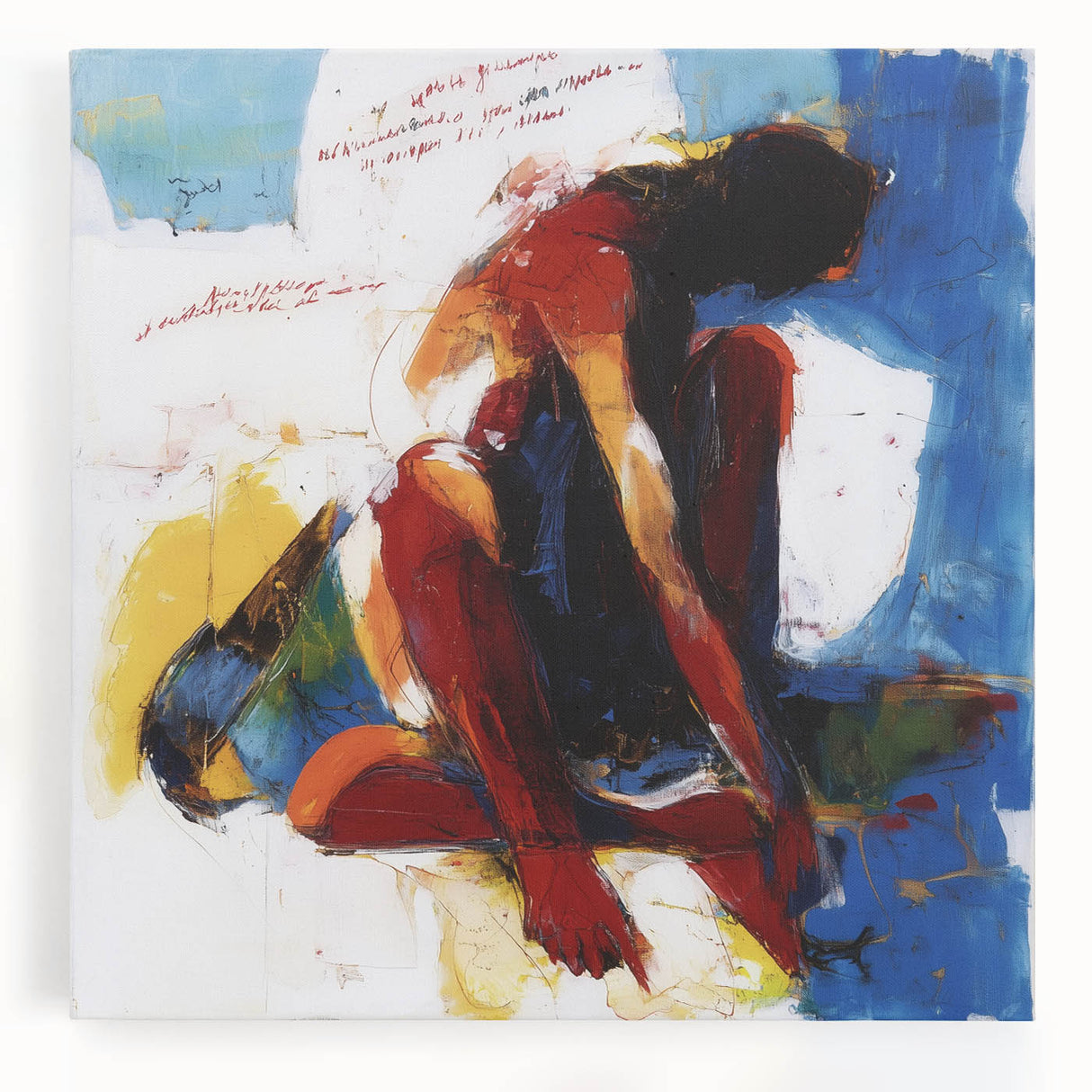 Abstract figurative stretched canvas artwork showcasing vibrant colors and dynamic shapes, perfect for modern home decor. Ideal for enhancing contemporary spaces.