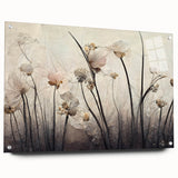 Abstract floral wall art displayed in acrylic glass, showcasing vibrant colors and intricate designs, perfect for enhancing modern home decor. Side view highlights the sleek finish and pin attachments, emphasizing its artistic appeal.