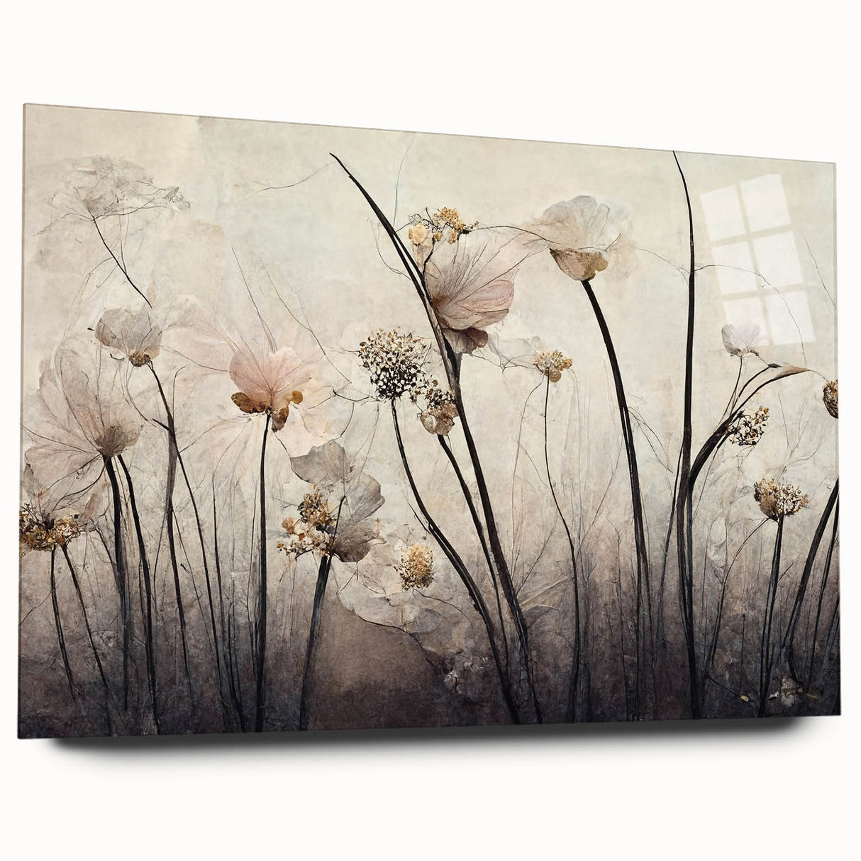 Abstract floral wall art displayed in acrylic glass, showcasing vibrant colors and intricate details from a side view, perfect for modern home decor.