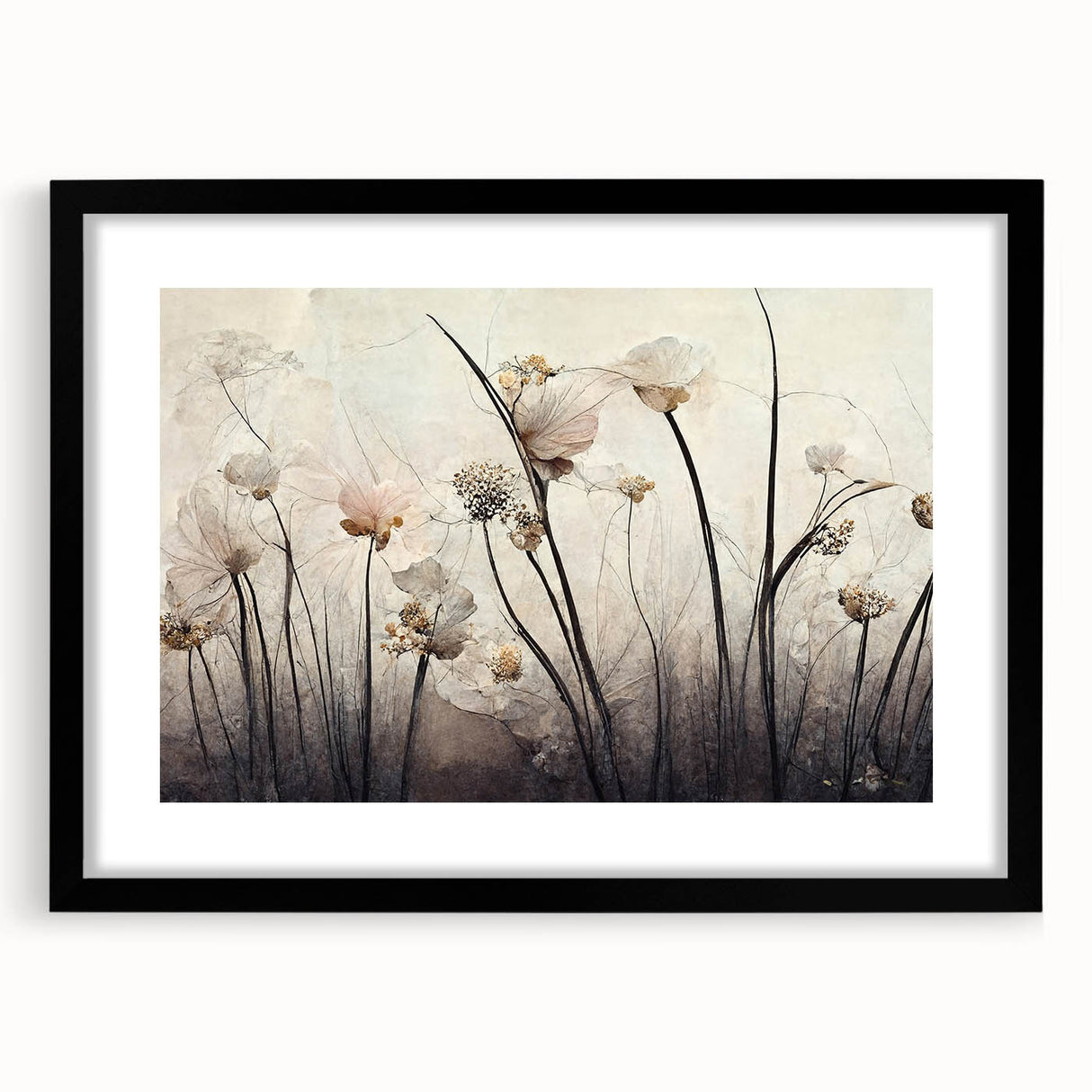Abstract floral wall art framed in black with a white mat, showcasing vibrant colors and intricate designs, perfect for modern home decor enhancement.