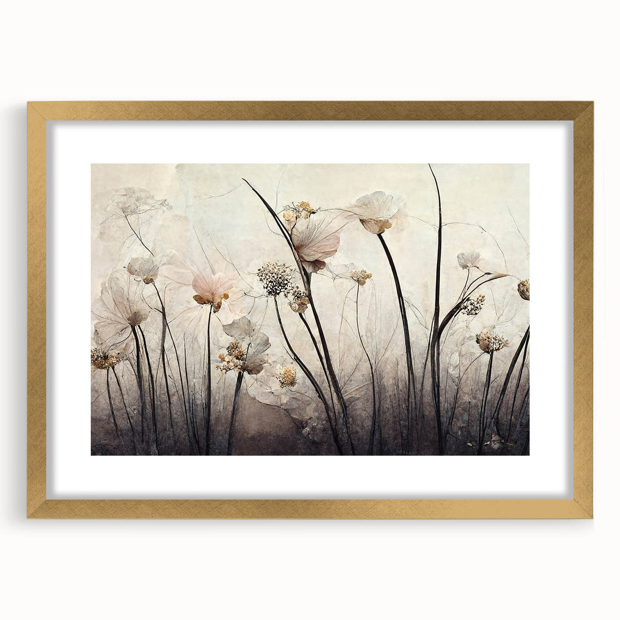 Abstract floral wall art framed in gold with a mat, showcasing vibrant colors and intricate patterns, perfect for modern home decor or office aesthetics.