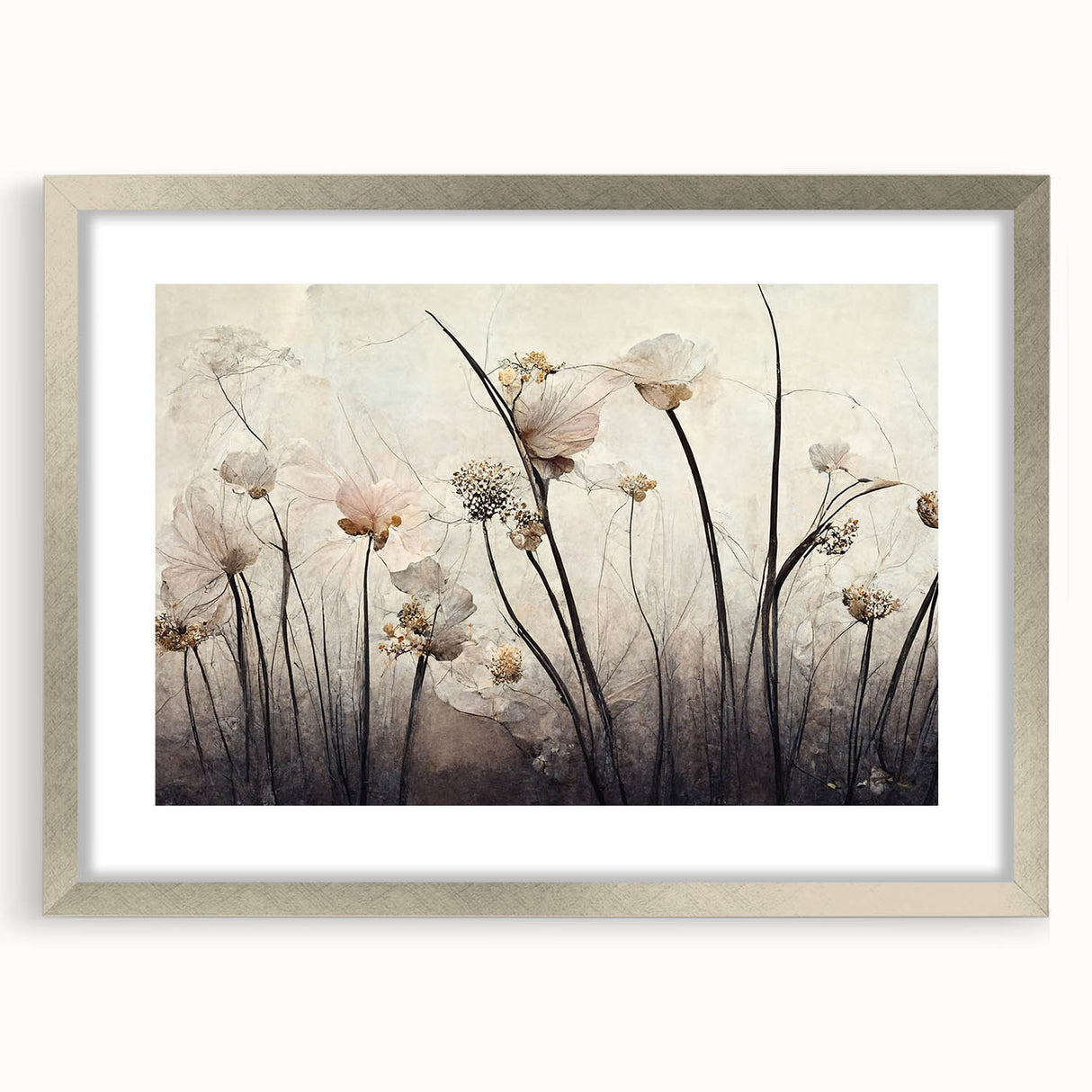 Abstract floral wall art framed in silver with a white mat, showcasing vibrant colors and intricate designs, perfect for modern home decor.