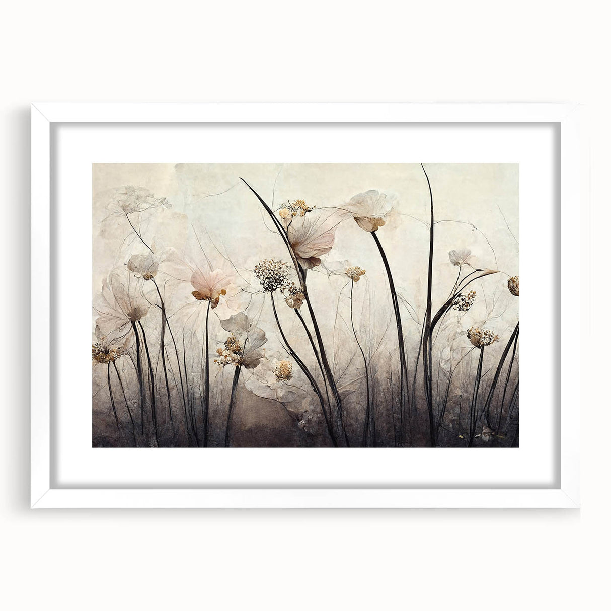 Abstract floral wall art framed in white with a matte finish, showcasing vibrant colors and intricate details, perfect for modern home decor.