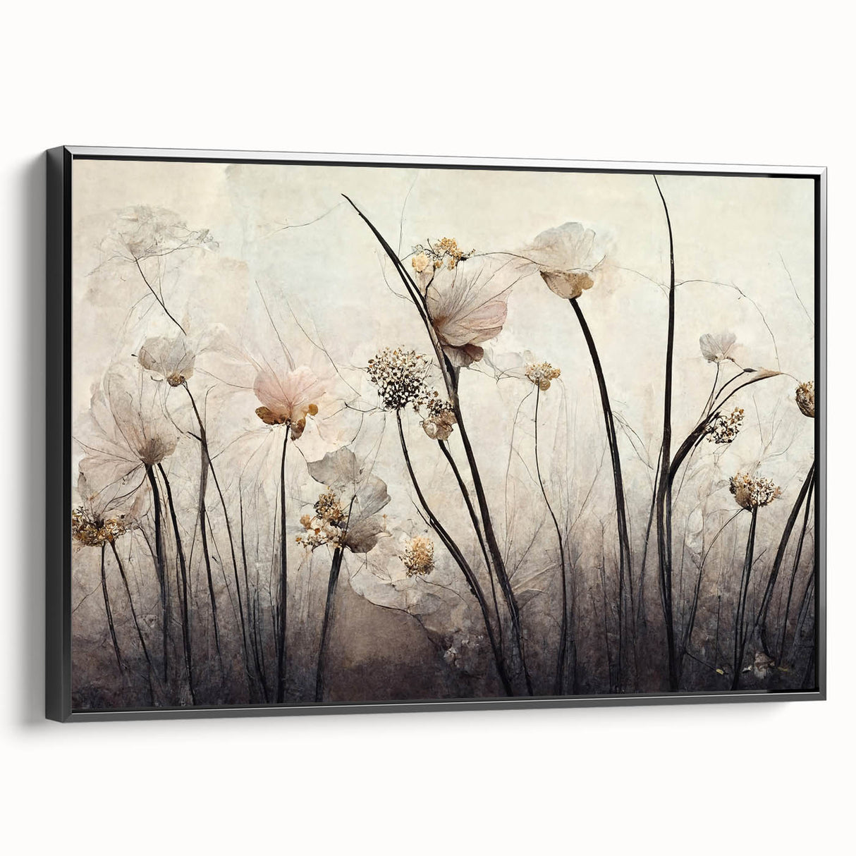 Framed canvas wall art featuring abstract floral designs in vibrant colors, displayed from a black side view, perfect for modern home décor.