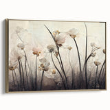 Framed canvas wall art showcasing vibrant abstract floral designs in gold, adding a touch of elegance and color to any modern interior decor. Perfect for living spaces or offices.