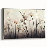 Framed abstract floral wall art in silver frame, showcasing vibrant colors and intricate designs, perfect for modern home decor or office spaces.