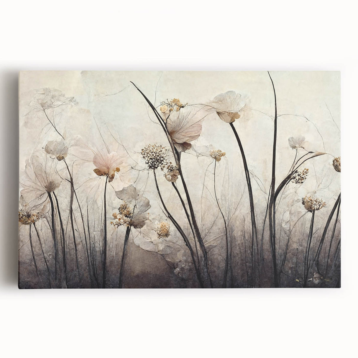 Vibrant abstract floral wall art on stretched canvas, showcasing a colorful blend of blues, pinks, and greens, perfect for modern home decor.