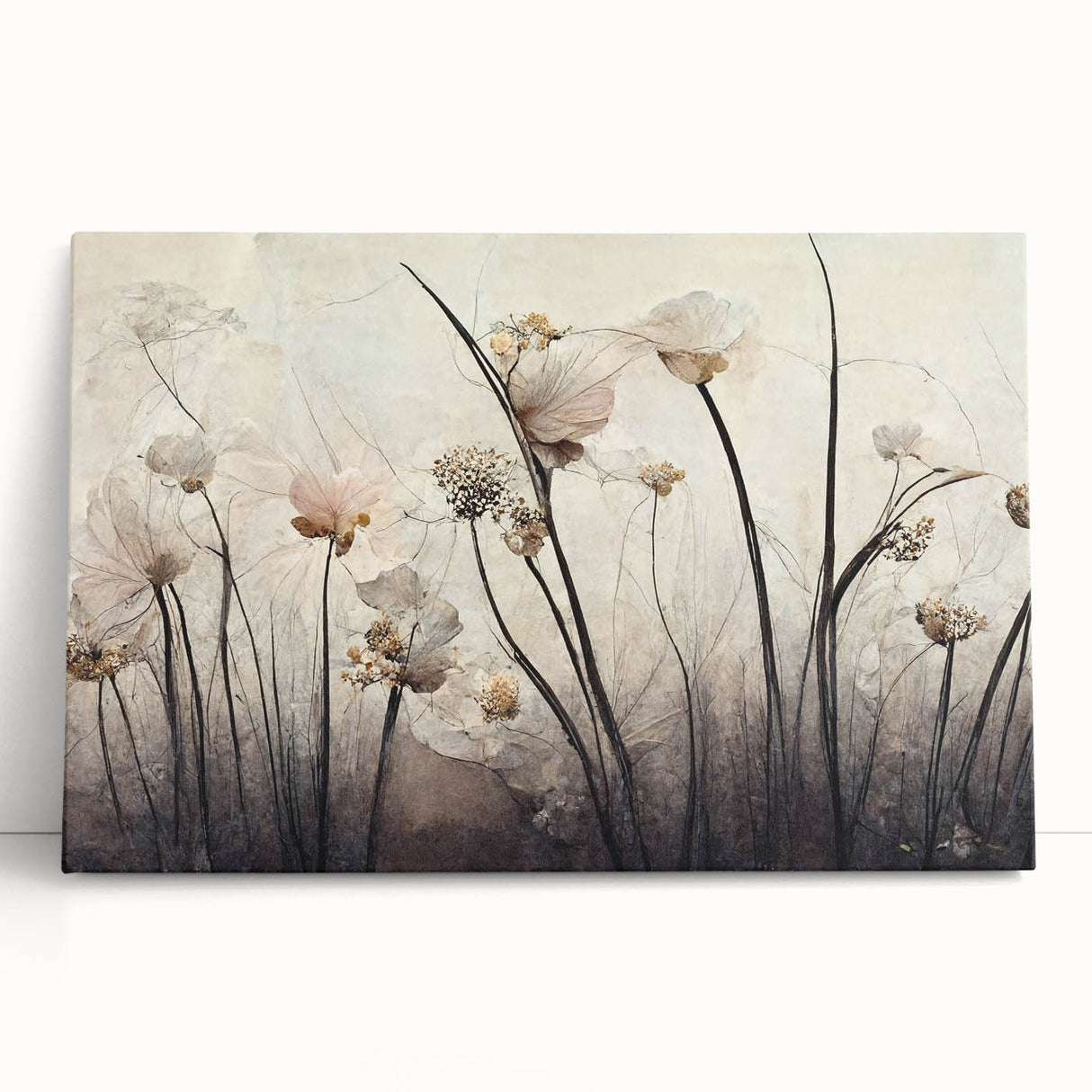 Abstract floral wall art on stretched canvas, showcasing vibrant colors and intricate designs, leaning against a neutral wall, adding a contemporary touch to home decor.