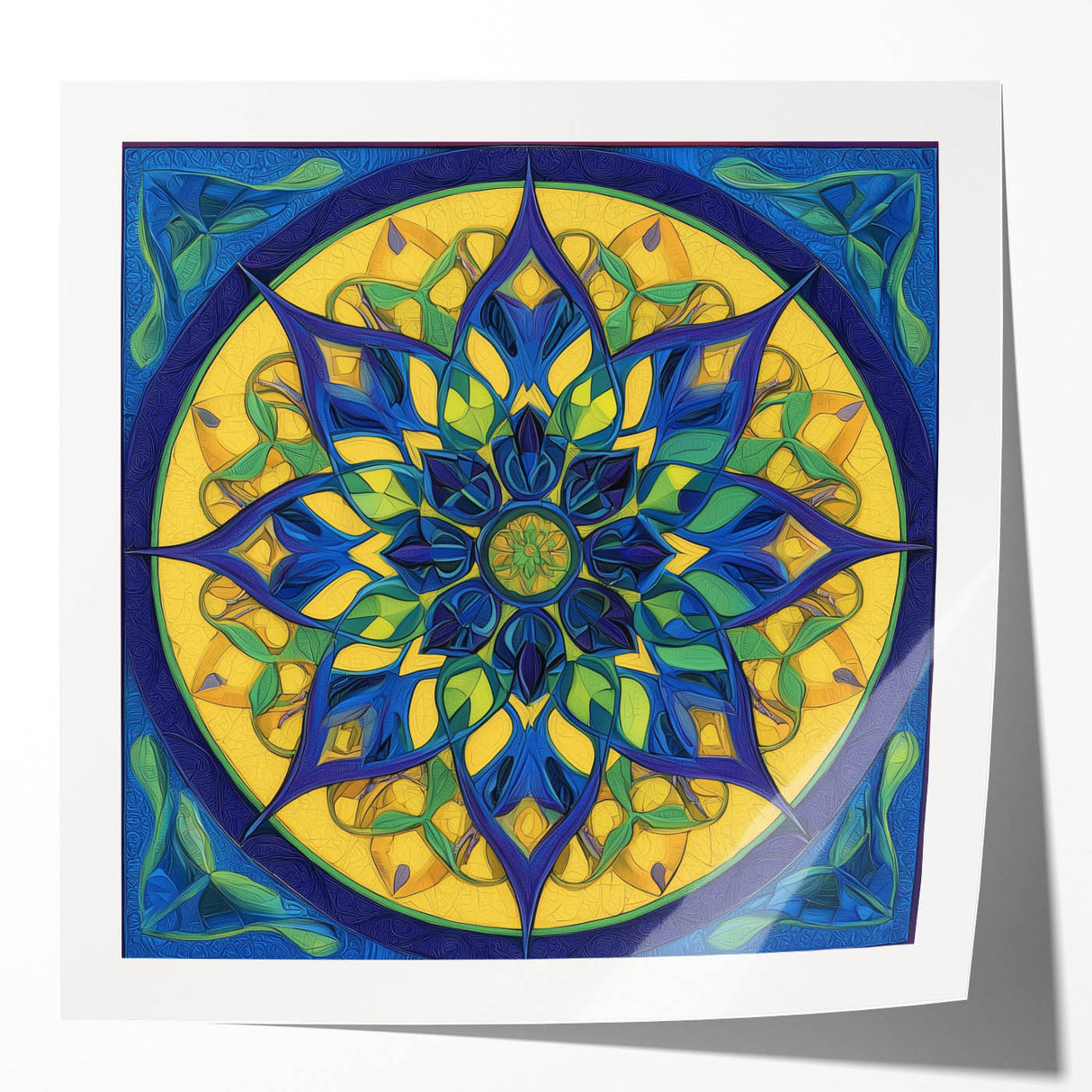Abstract geometric art print mockup featuring vibrant colors and sharp angles, displayed in a glossy finish on a modern wooden surface, ideal for contemporary decor.