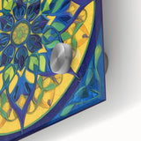 Close-up of a vibrant abstract geometric acrylic glass design showcasing intricate patterns in bold colors, perfect for modern home decor and artistic displays.