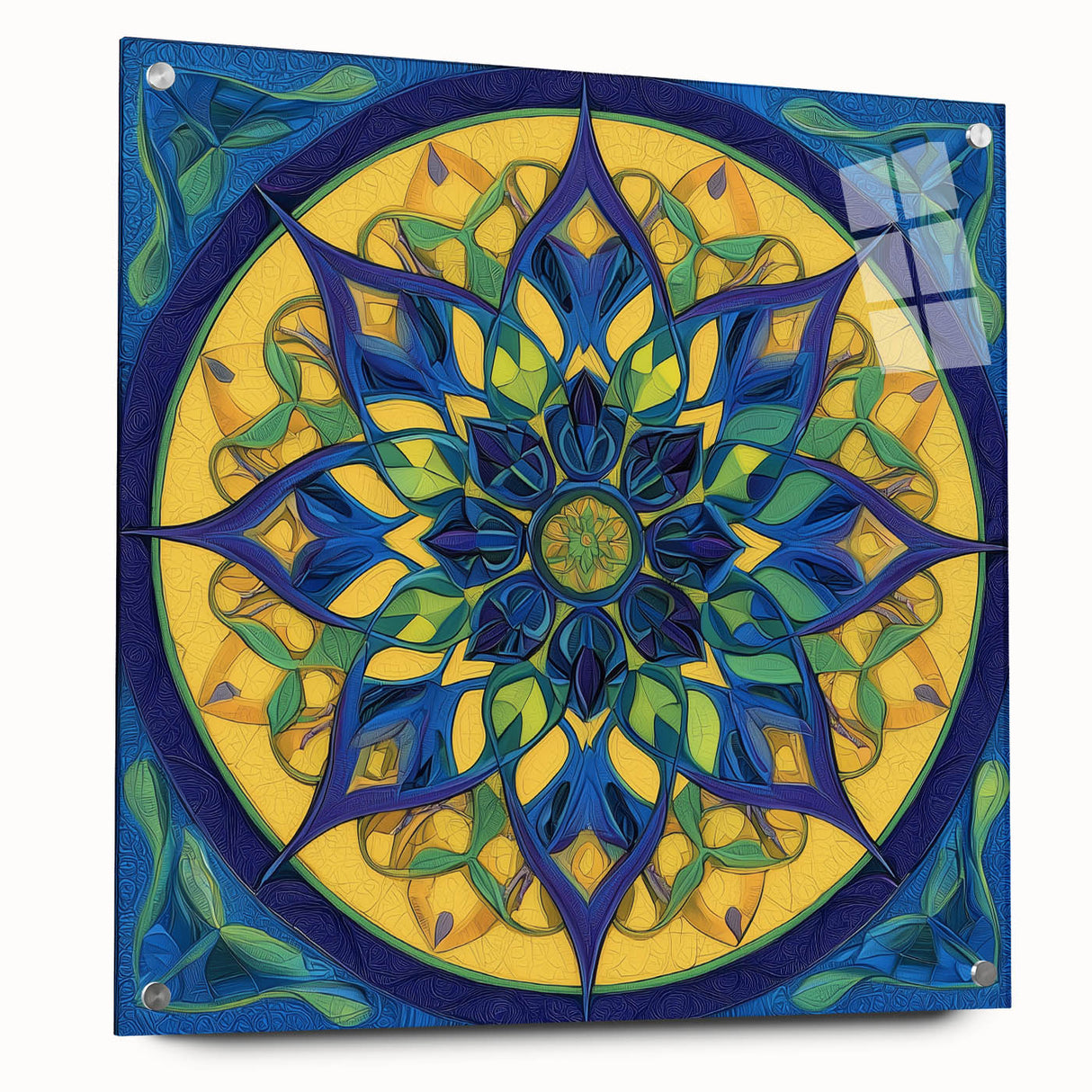 Abstract geometric acrylic glass design featuring vibrant colors and sharp angles, viewed from the side with visible mounting pins, ideal for modern decor.