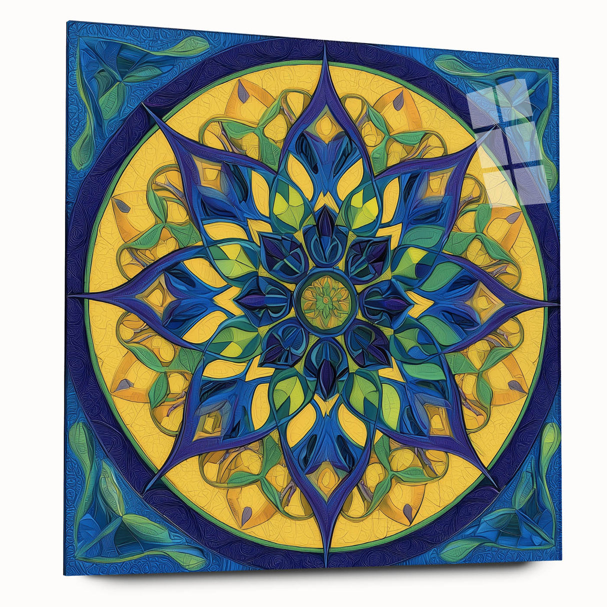Abstract geometric acrylic glass artwork showcasing vibrant colors and intricate patterns, designed for modern decor; side view reveals its sleek edges and reflective surface.