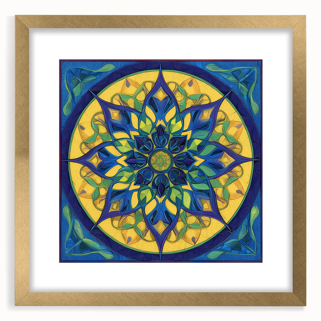 Abstract geometric frame in gold with a white mat, showcasing a modern design that enhances any decor. Perfect for contemporary art displays or home staging.