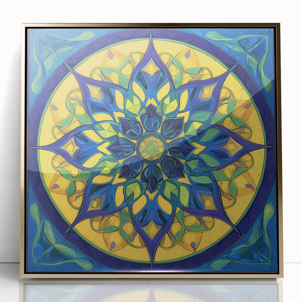 Abstract geometric wall art design in a modern gold frame, showcasing layered shapes and a vibrant color palette, perfect for contemporary decor.