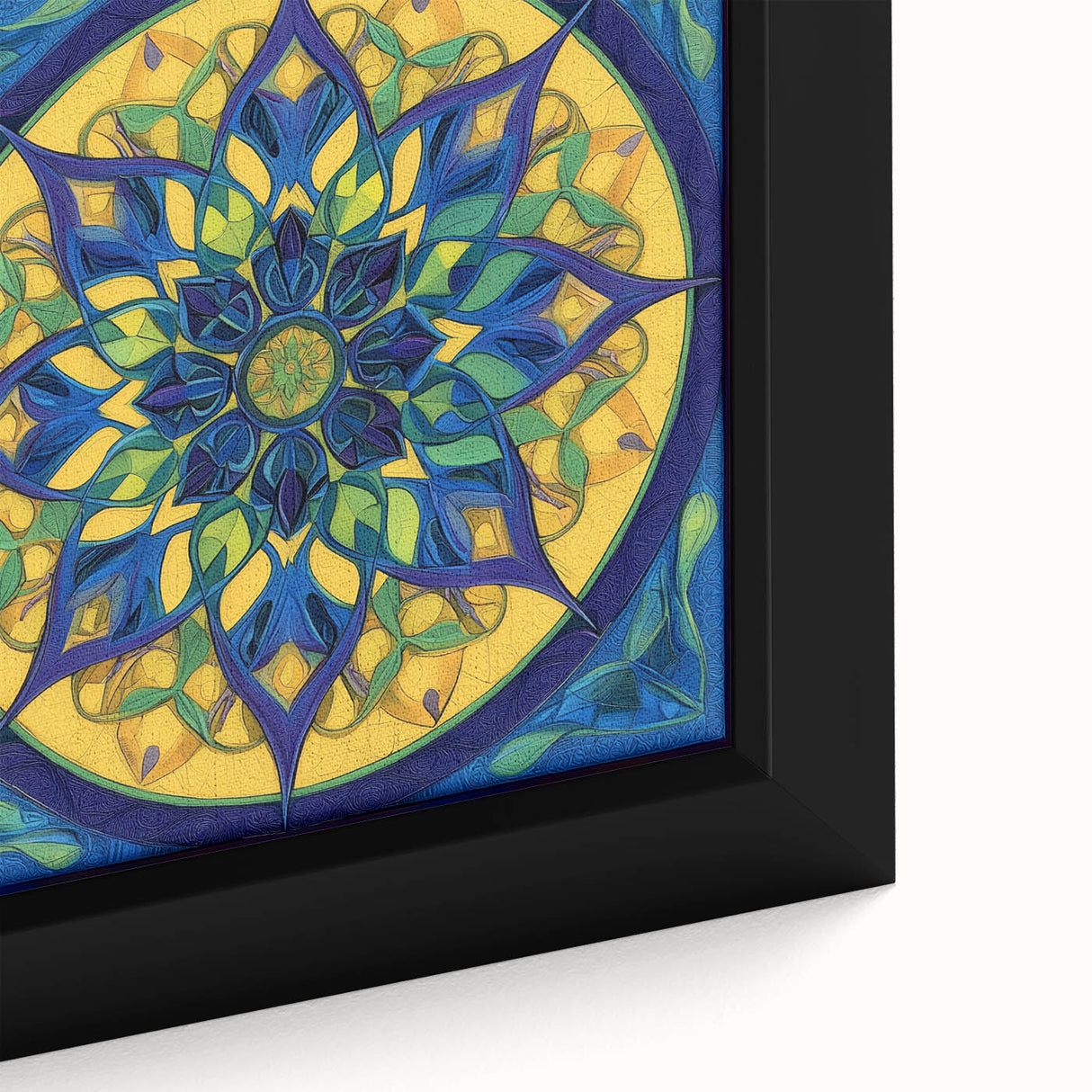 Close-up of abstract geometric framed canvas artwork, showcasing vibrant colors and intricate patterns, perfect for modern home decor and artistic expression.