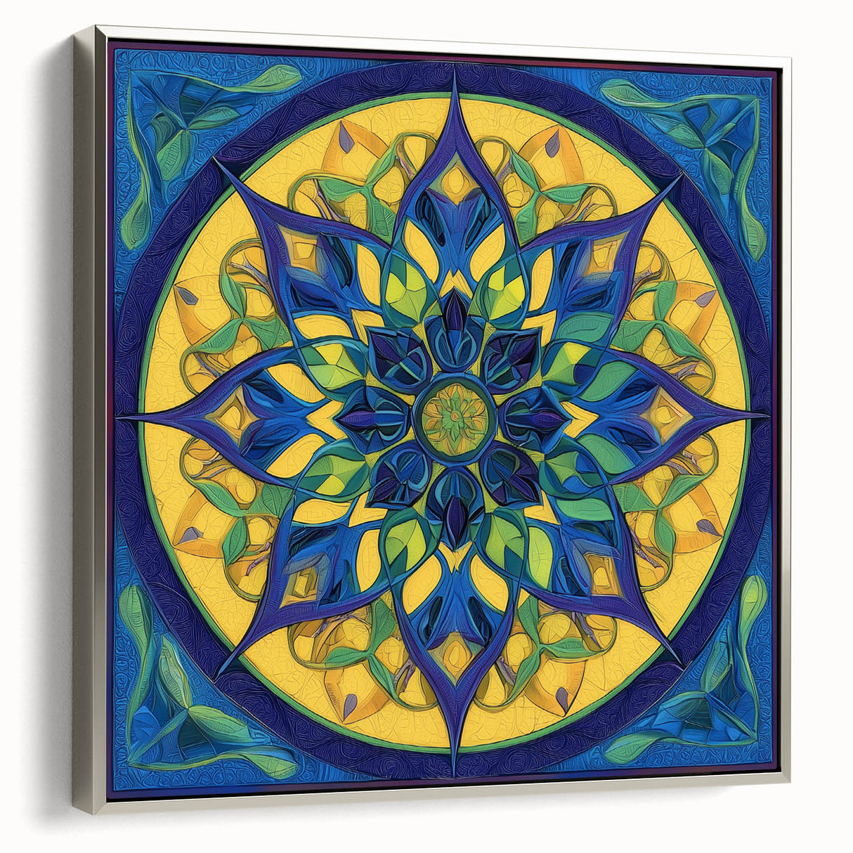 Abstract geometric framed canvas art showcasing a sleek silver frame, highlighting intricate patterns and vibrant colors, perfect for modern home decor.