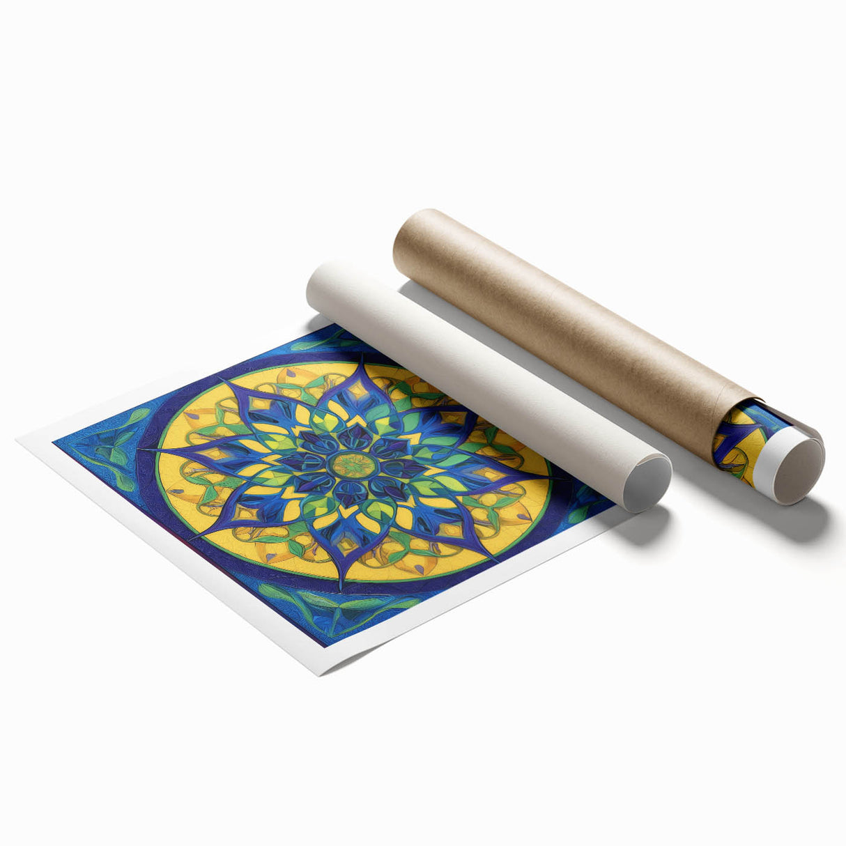 Abstract geometric rolled print showcasing vibrant colors and intricate patterns, elegantly packaged in a protective cardboard tube for easy display and transport.