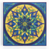 Abstract geometric stretched canvas artwork in vibrant colors, showcasing dynamic shapes and lines, perfect for modern home decor or office space enhancement.