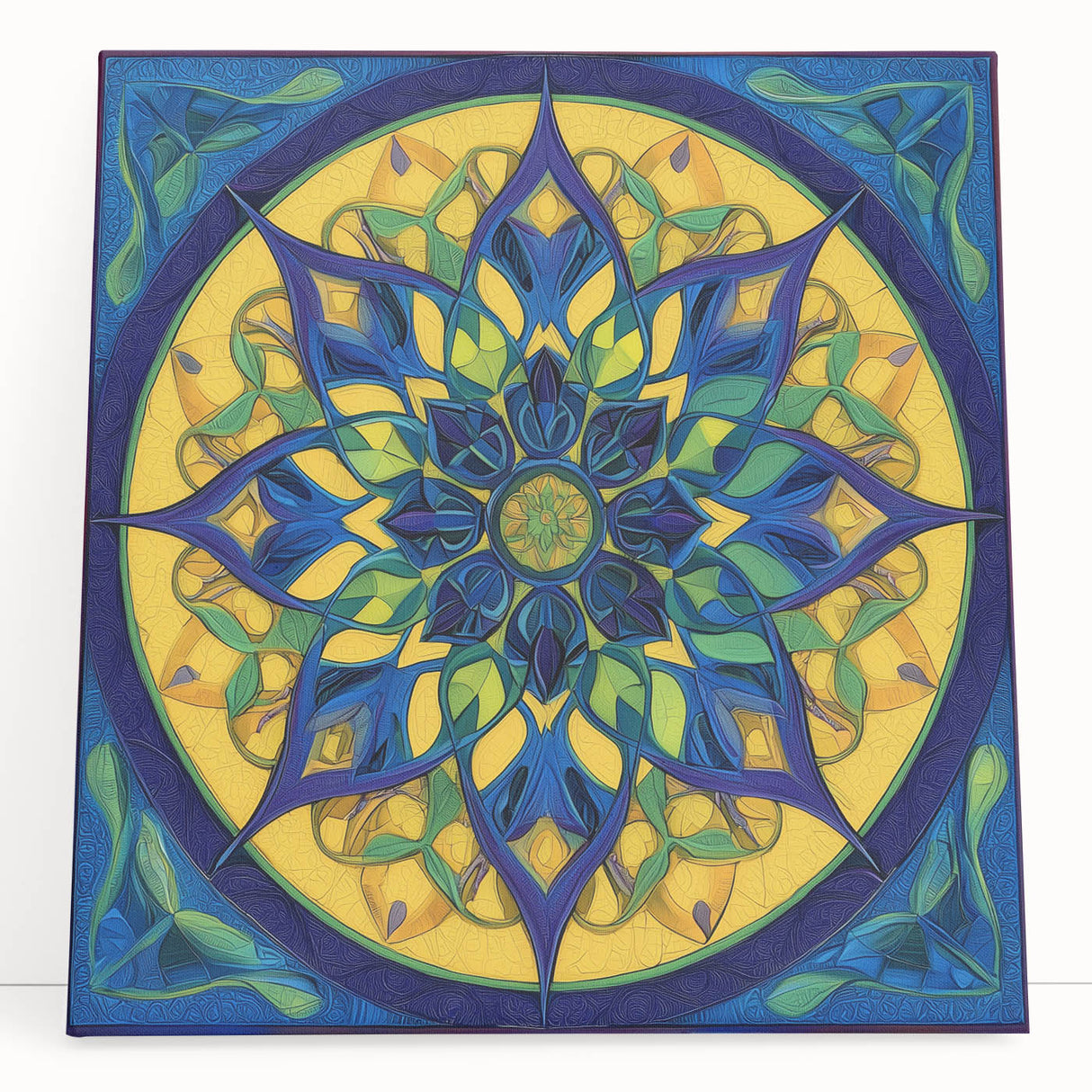 Abstract geometric stretched canvas artwork featuring vibrant colors and bold shapes, leaning against a neutral wall, perfect for modern home decor. Ideal for adding a contemporary touch to living spaces or offices.
