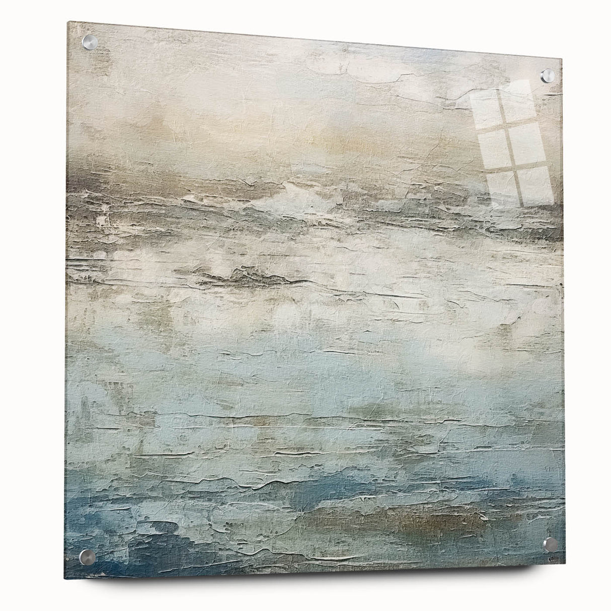 Abstract landscape wall art featuring vibrant colors and intricate designs, displayed in a side view with acrylic glass and metallic pins, ideal for modern decor.