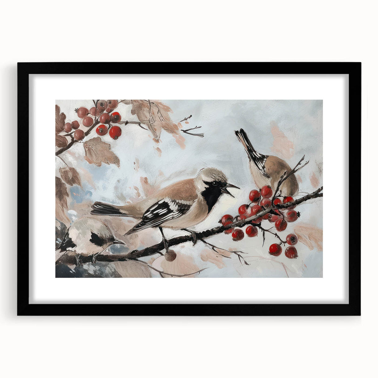 Black-framed animal artwork featuring a vibrant design of various wildlife, elegantly matted to enhance the visual appeal, ideal for home decor.