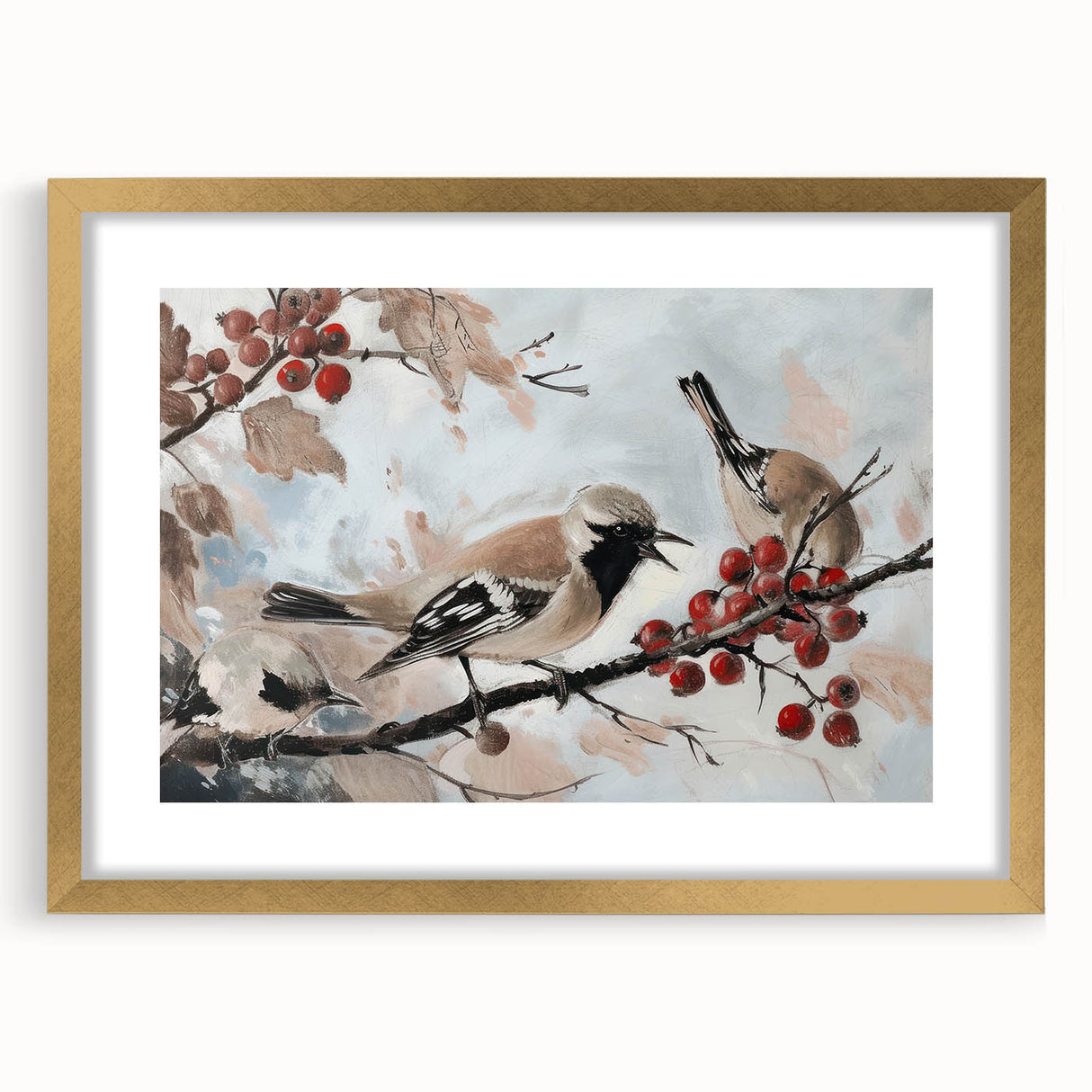 Framed animal artwork featuring a gold mat, showcasing a vibrant nature scene with intricate details, perfect for home decor and wildlife enthusiasts.