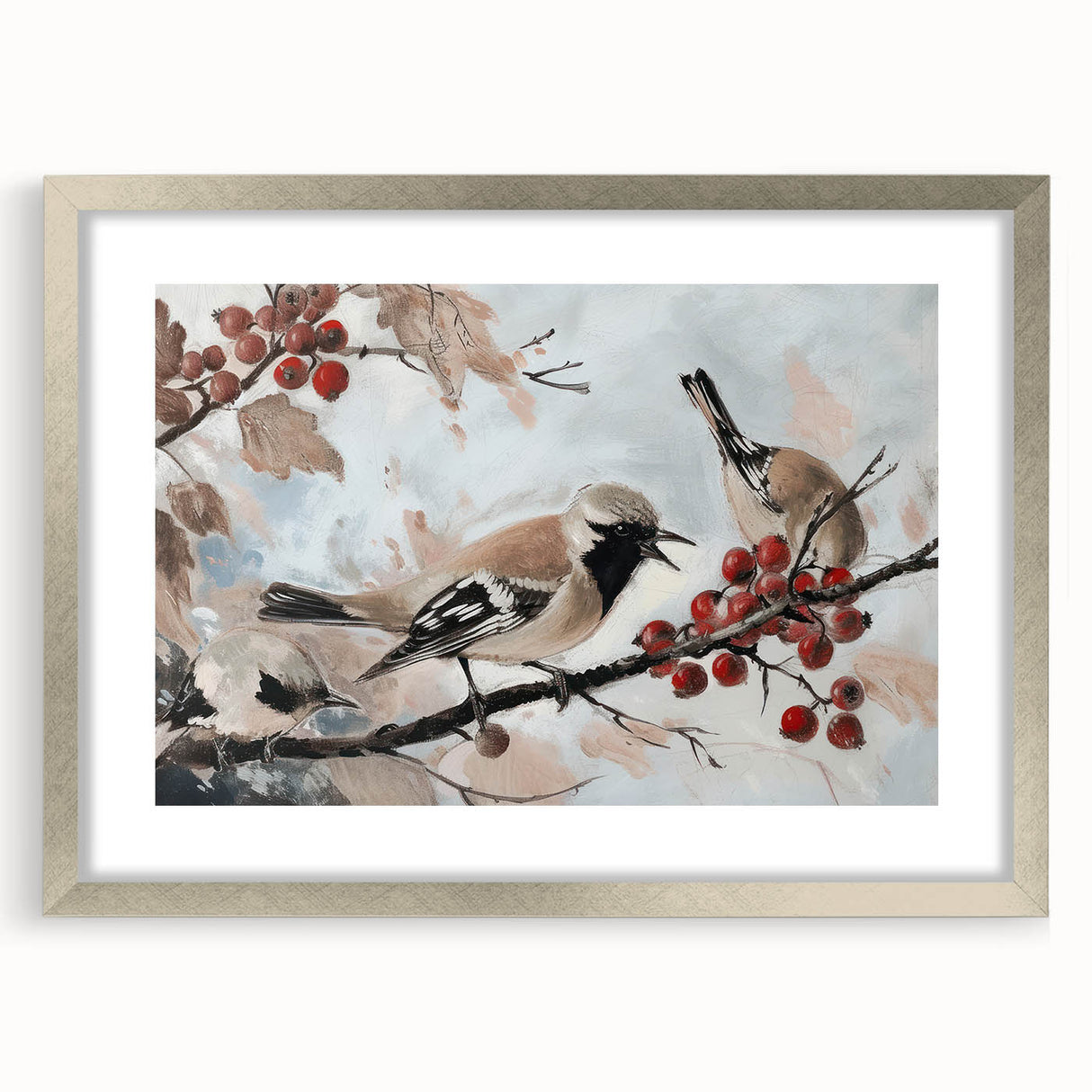 Silver-framed animal art print with a white mat, showcasing a detailed illustration of various wildlife, perfect for home decor and nature enthusiasts.