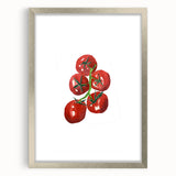 Textured art print featuring abstract arrangement of various fruits in muted orange and green, framed in silver.