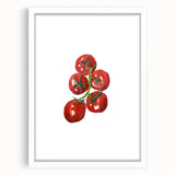 Abstract art print of assorted fruits in vibrant colors, framed with a white mat, suitable for dining room decor.