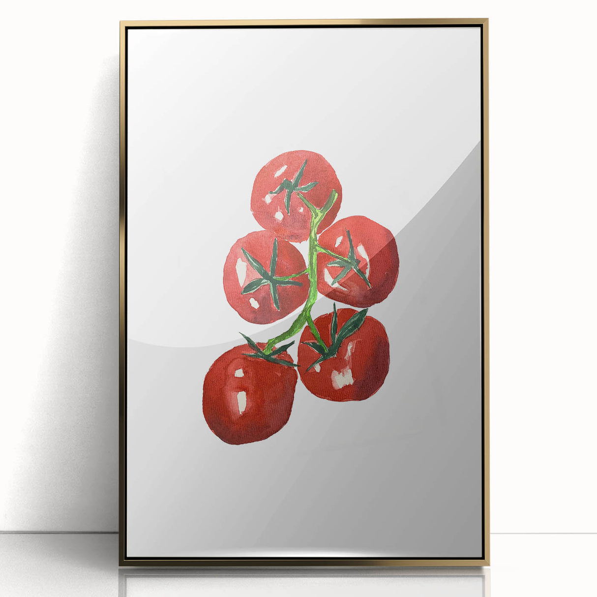 Large art print of assorted fruits in bold colors on a gold acrylic frame, styled in mid-century modernist art.