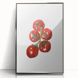 Mid-century modernist art featuring an array of fruits in muted colors on a silver-framed acrylic.