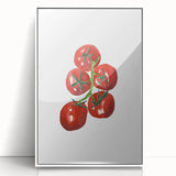 Acrylic print of colorful fruit illustrations in art deco style, framed in white, suitable for modern nursery decor.