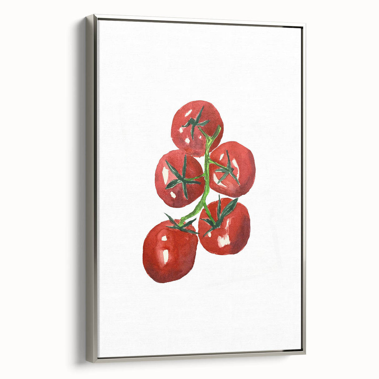 Landscape art painting of colorful fruits on a black background, framed in silver, ideal for kitchen wall decor.