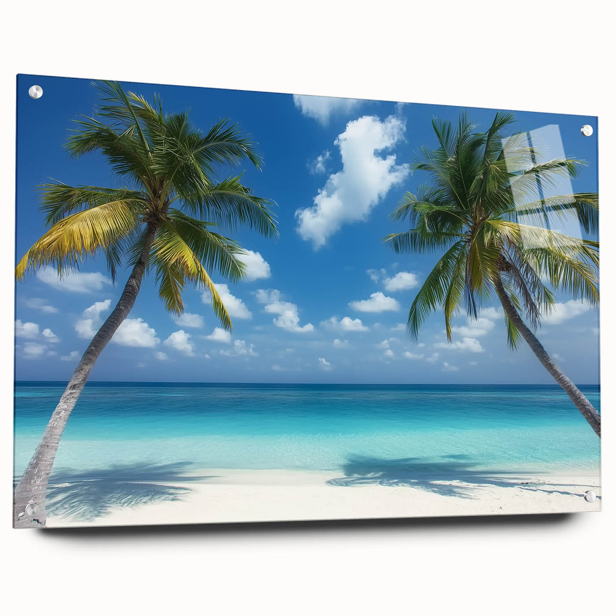 Acrylic landscape artwork showcasing vibrant beach scenery in a side view, elegantly displayed with pins for a modern aesthetic. Ideal for coastal-themed decor.