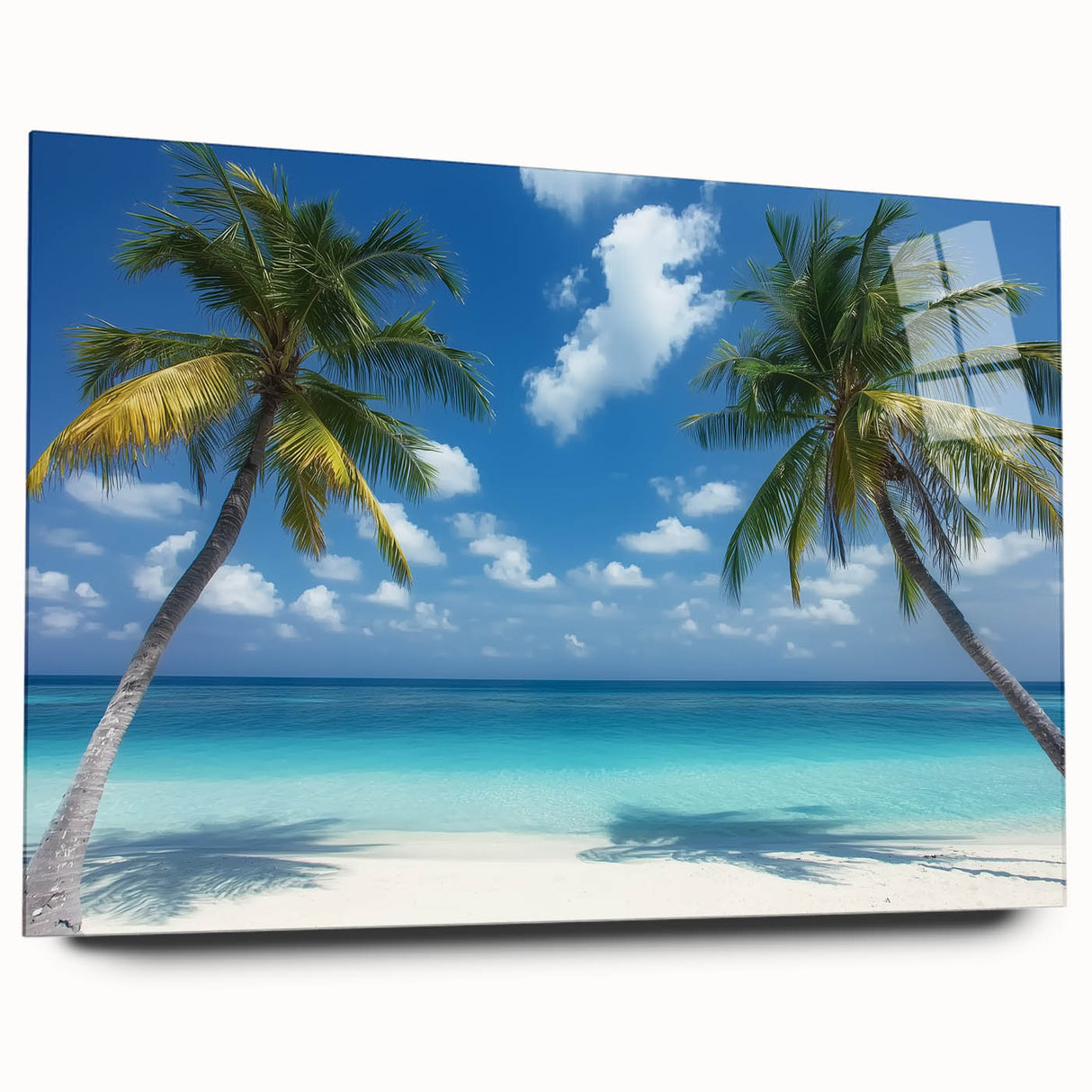 Acrylic glass artwork showcasing a vibrant beach landscape in a side view, highlighting the vivid colors and serene atmosphere, perfect for coastal decor enthusiasts.