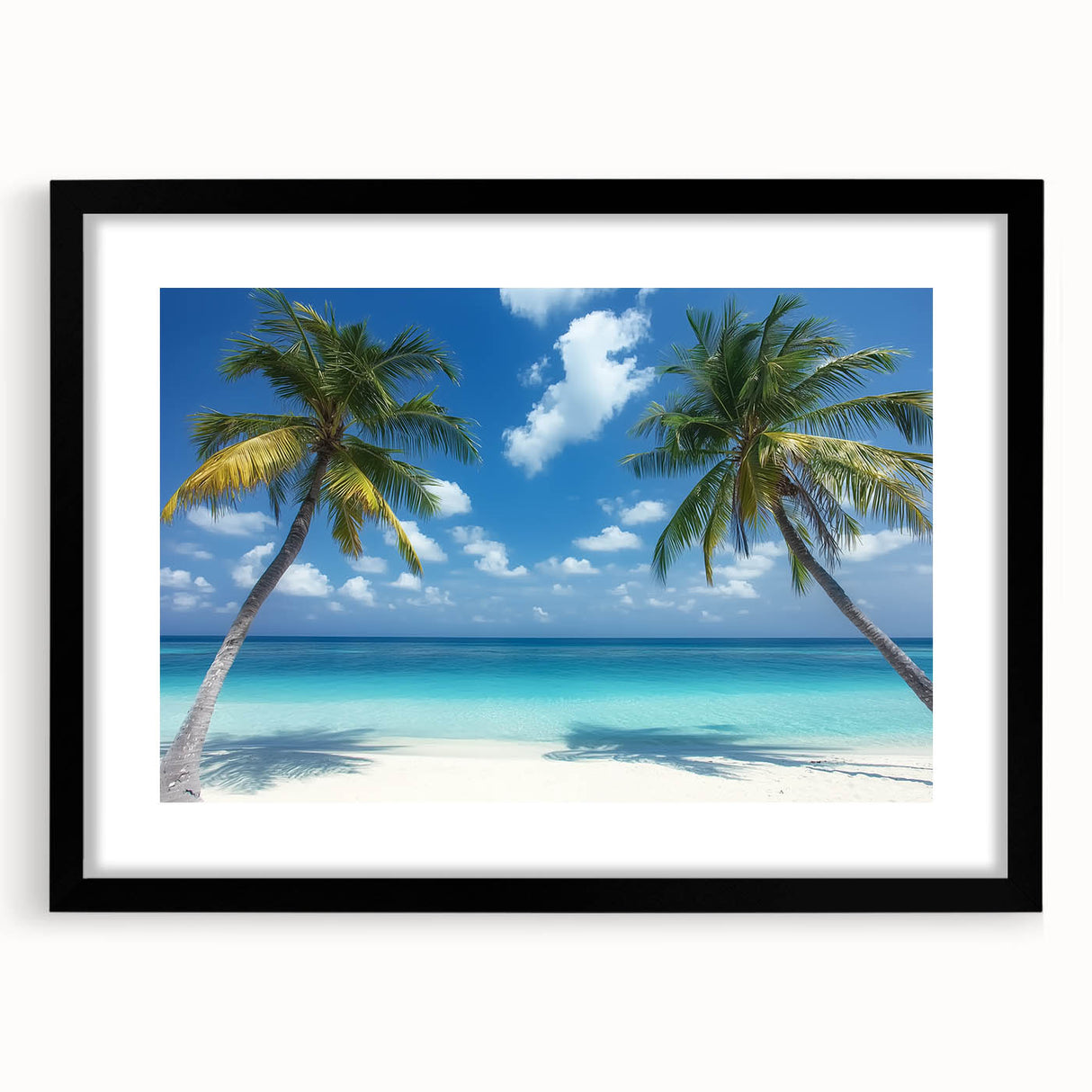 Framed landscape artwork depicting serene beach scenery with vibrant colors, featuring a sleek black mat and frame, ideal for home decor enhancement.