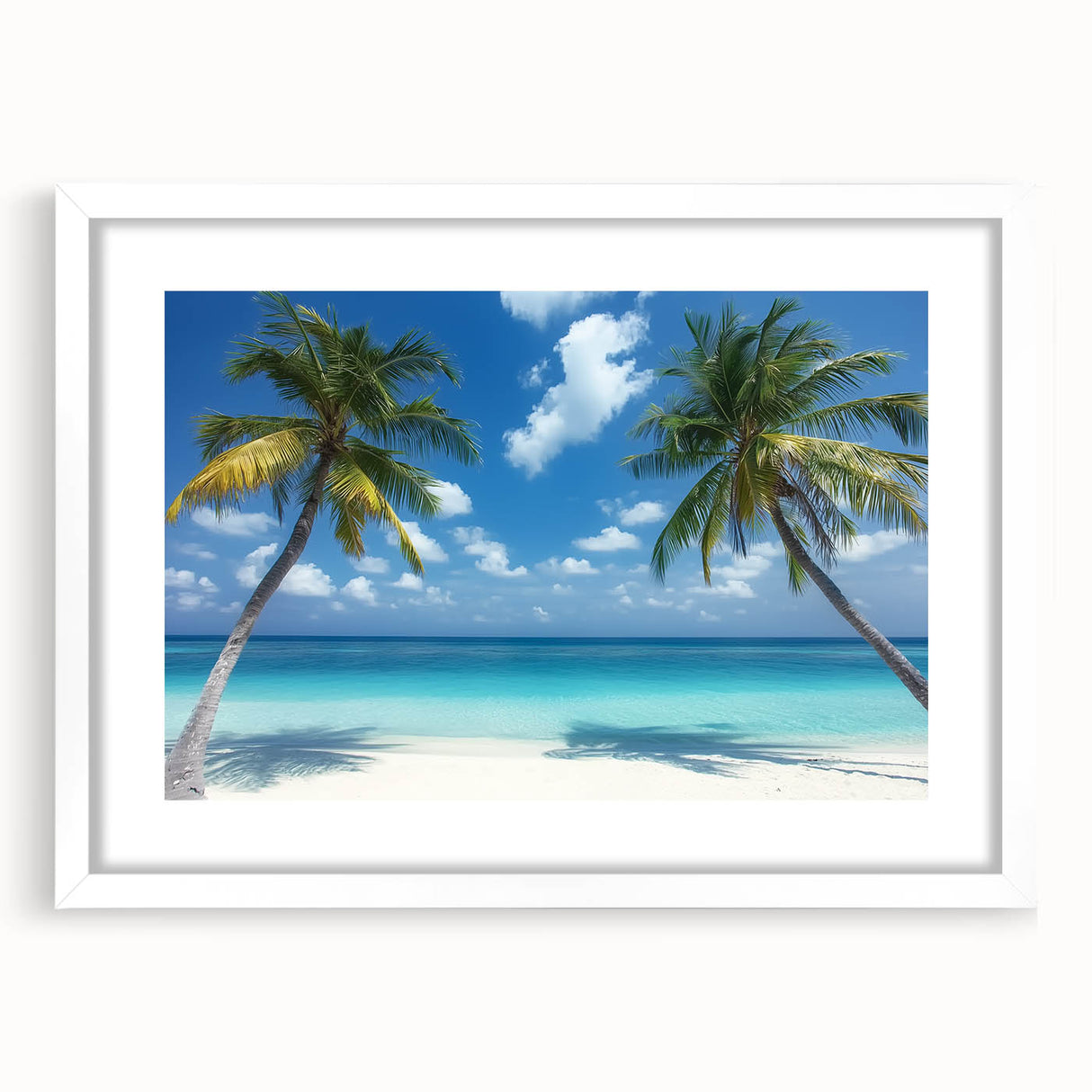 Framed landscape artwork depicting tranquil beaches with soft blue skies and sandy shores, featuring a white mat for an elegant presentation, ideal for coastal decor.