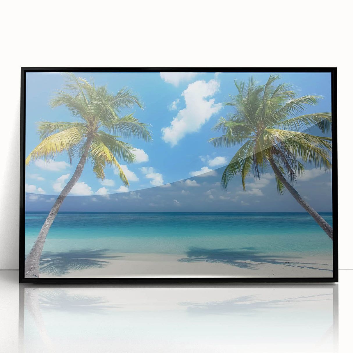 Framed acrylic artwork depicting a serene beach landscape with vibrant colors and a sleek black frame, perfect for enhancing modern home decor.