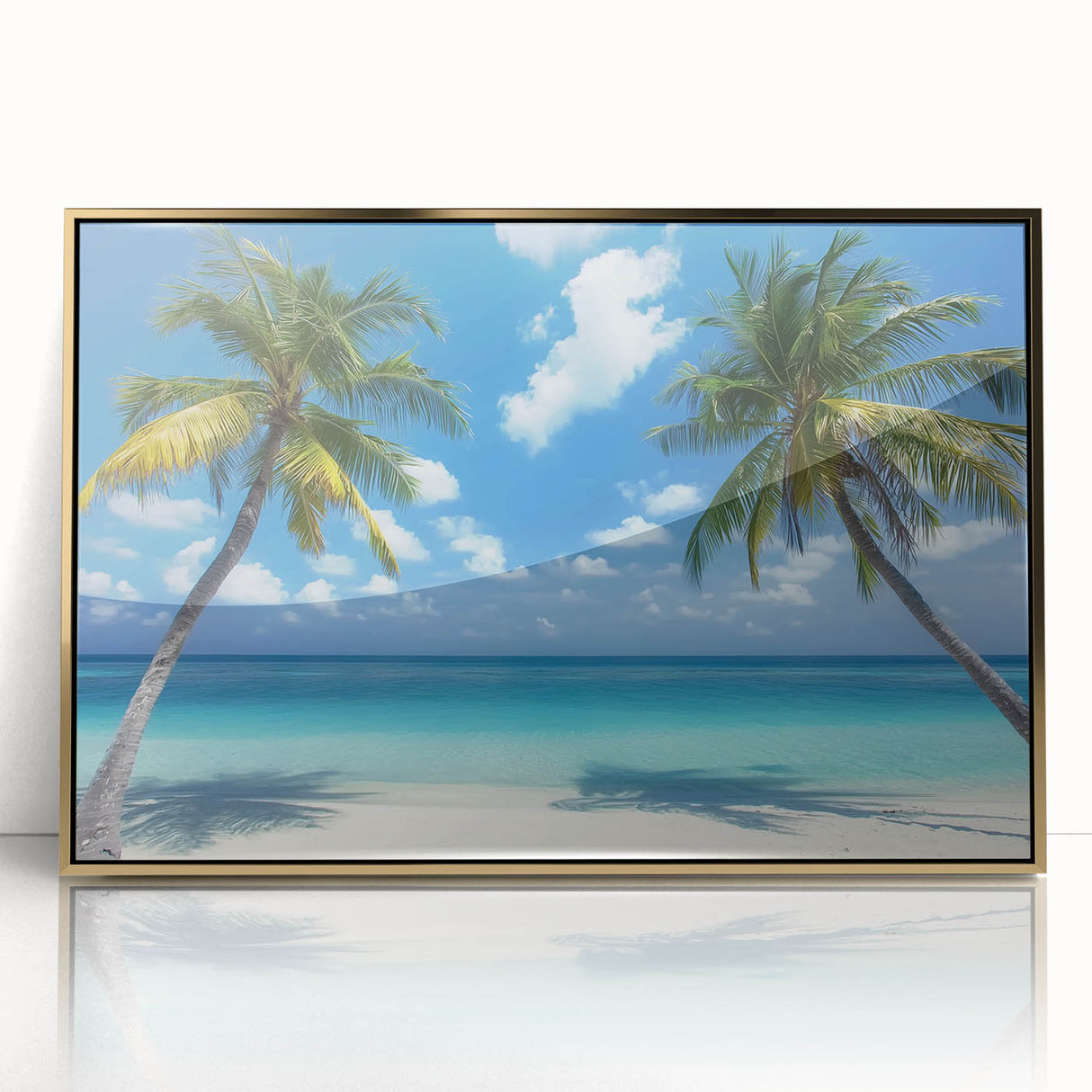 Framed acrylic artwork depicting a serene beach landscape with golden hues, perfect for home decor, adding a touch of elegance to any living space.