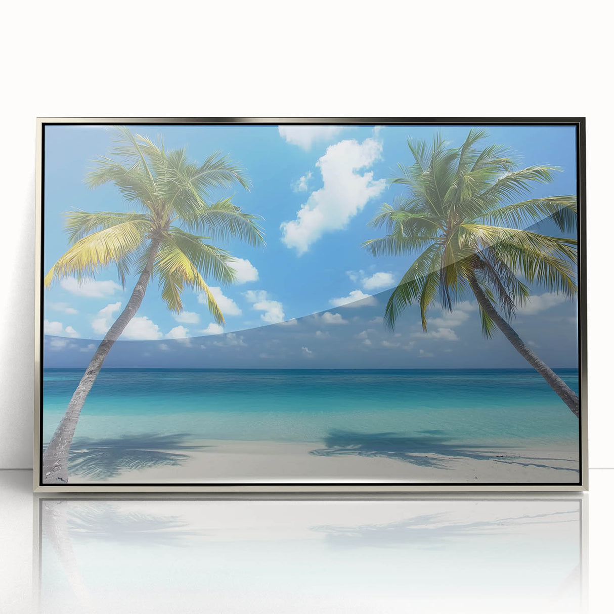 Framed acrylic artwork depicting a serene beach landscape with soft waves and a clear sky, showcasing vibrant colors and elegant silver framing for a modern touch. Perfect for enhancing coastal-themed decor.