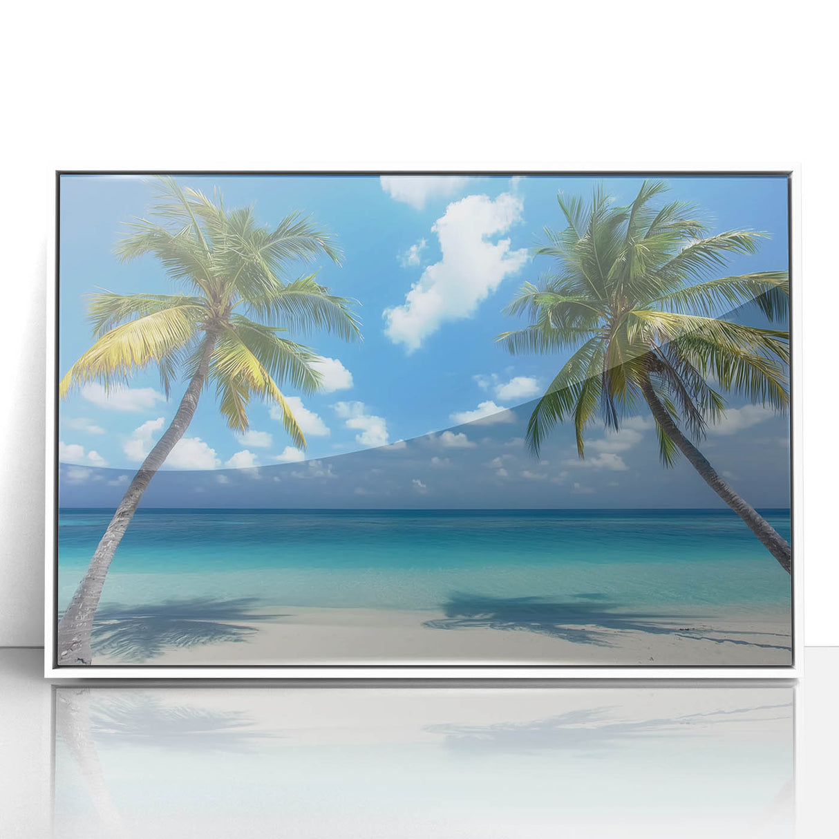 Framed acrylic artwork depicting a serene beach landscape with vibrant colors, white frame, and a modern aesthetic, perfect for coastal home decor.