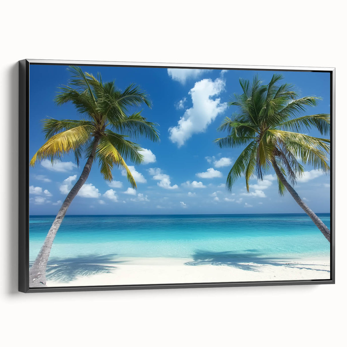 Framed landscape canvas artwork depicting serene beaches with vibrant blue skies and golden sands, featuring a sleek black frame and side view for aesthetic appeal.