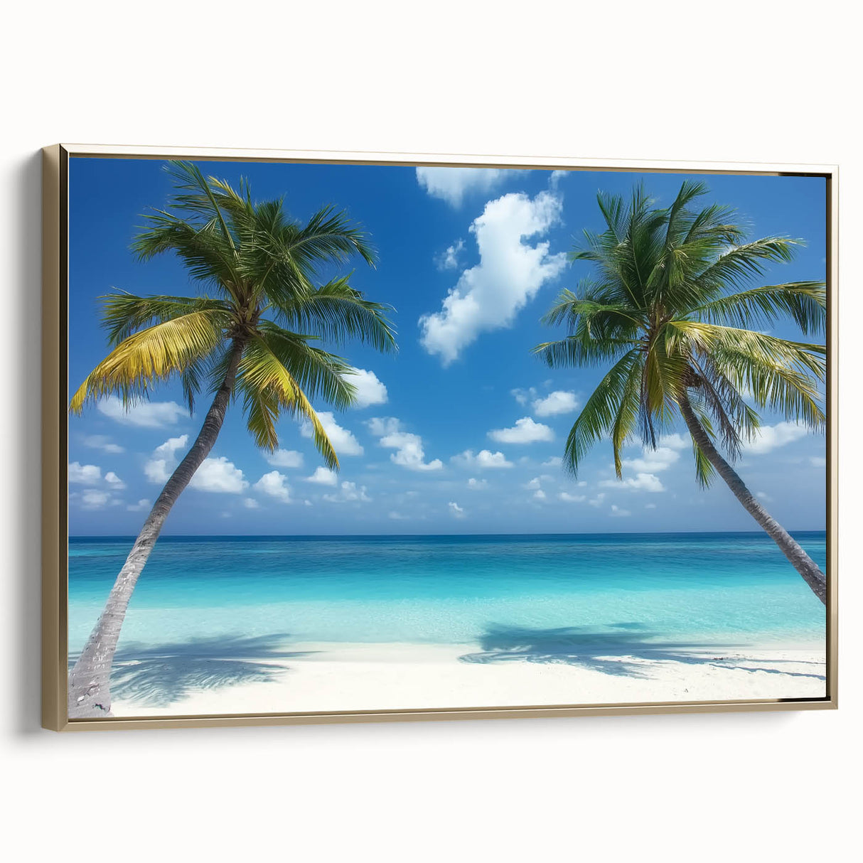 Framed canvas artwork showcasing a serene beach landscape with golden hues, featuring a side view of the frame, ideal for coastal-themed home decor.
