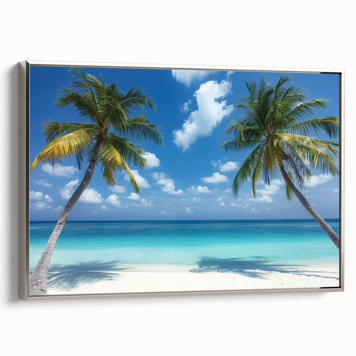 Framed canvas artwork depicting a serene beach landscape with vibrant colors and intricate details, featuring a sleek silver frame that enhances the coastal scene. Perfect for home decor, this piece brings a calming ocean vibe to any room.