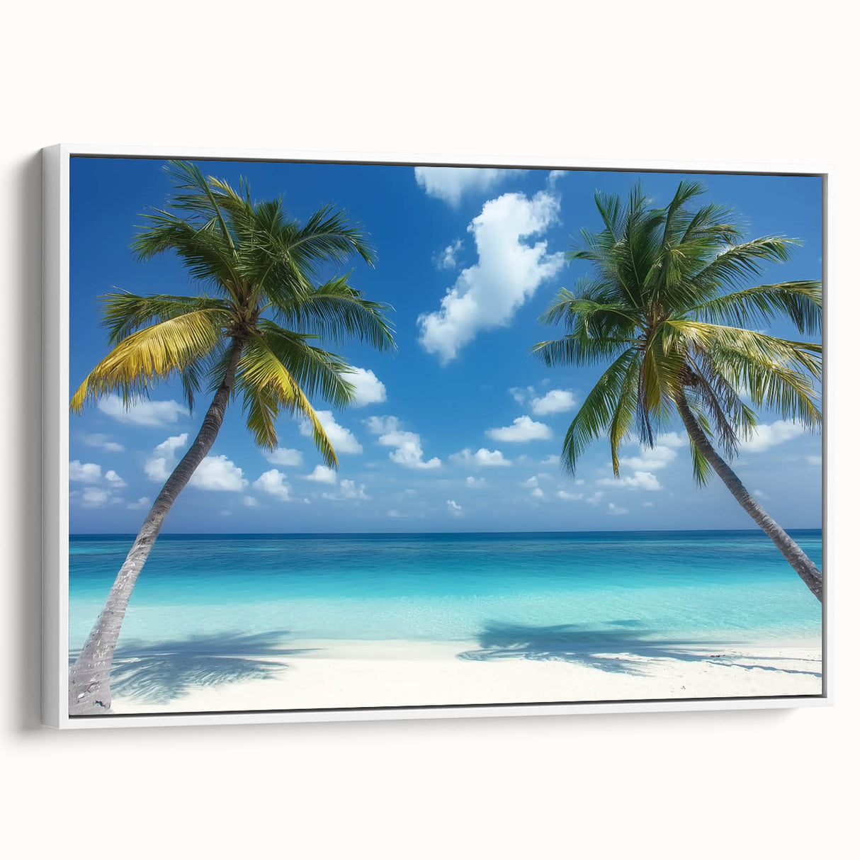 Framed landscape canvas depicting serene beach scene with soft blue waves and golden sand, showcasing a modern white frame profile. Perfect for coastal decor.