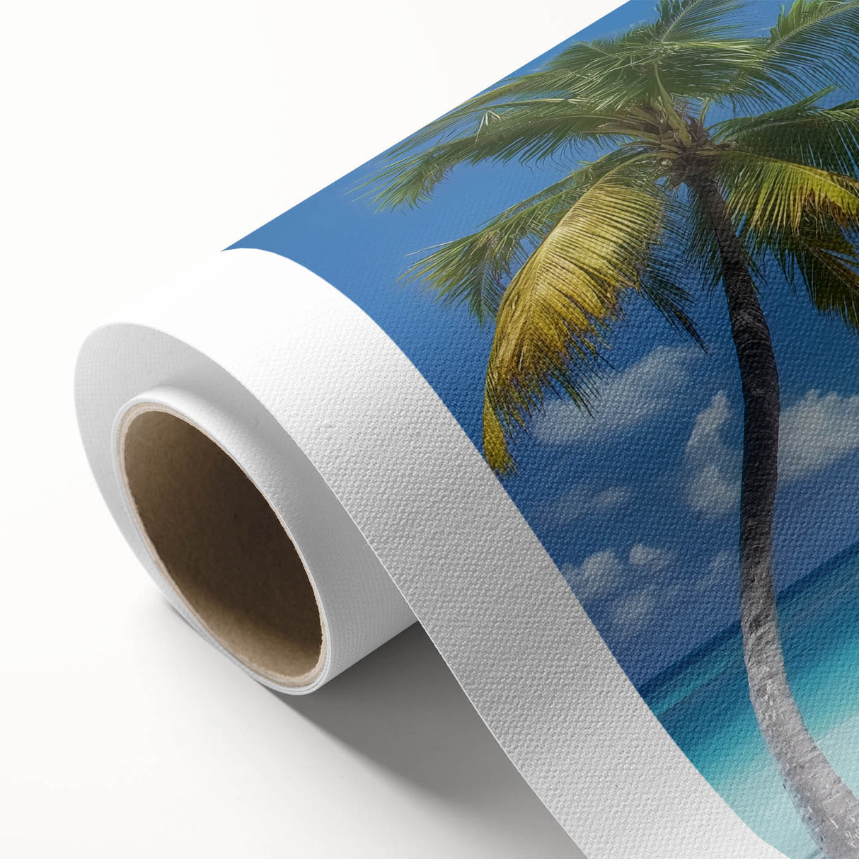 Vibrant rolled canvas showcasing a serene beach landscape with soft sand and gentle waves, elegantly packaged in a protective cardboard tube for safe delivery.
