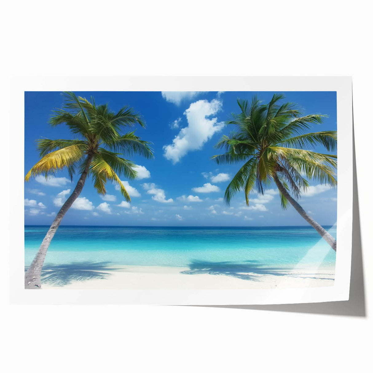 Stunning rolled print of a serene beach landscape, showcasing golden sands and turquoise waters, elegantly packaged in a protective cardboard tube for easy transport and display.