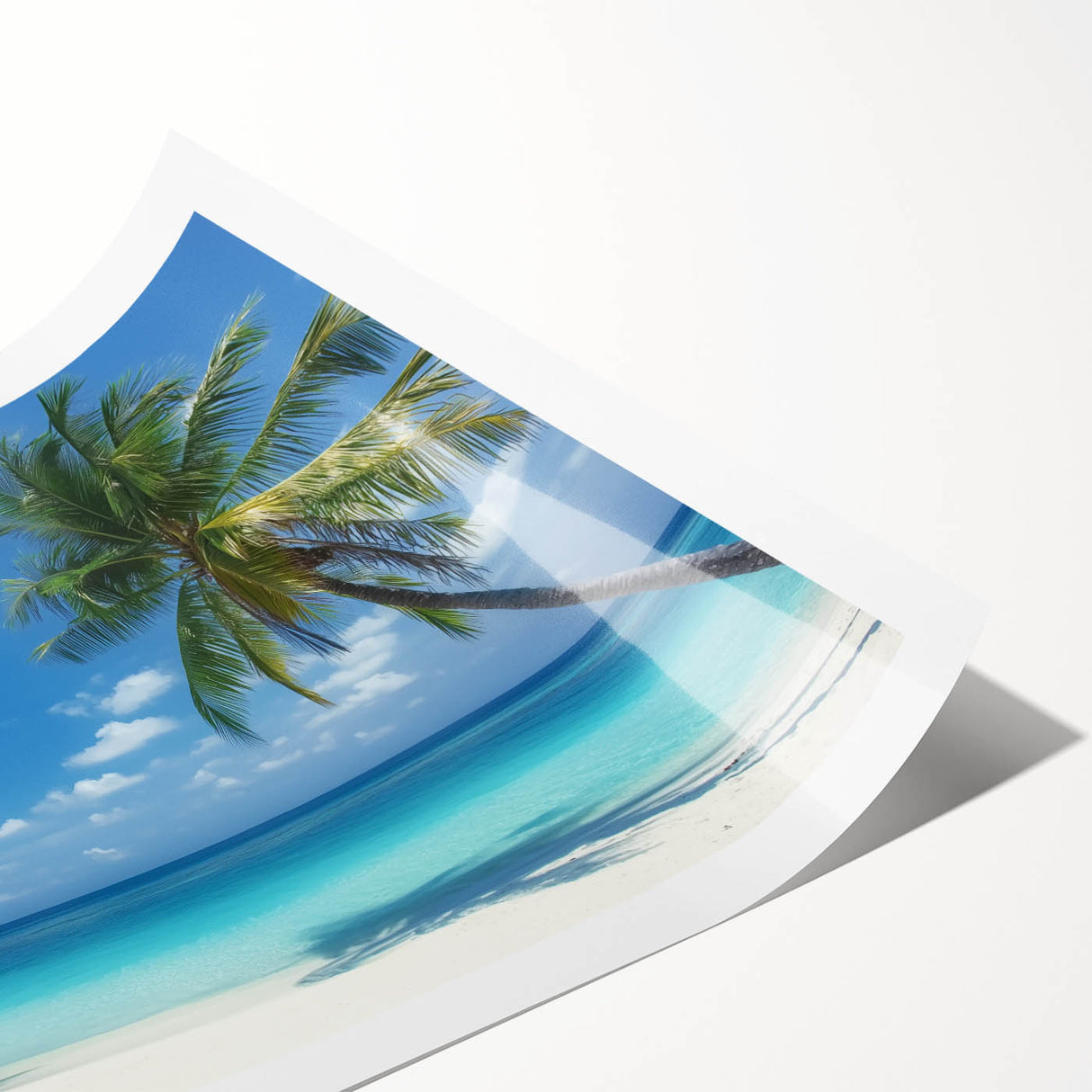 Vibrant rolled landscape print depicting a serene beach scene with golden sands and turquoise waters, carefully packaged in a protective cardboard tube.