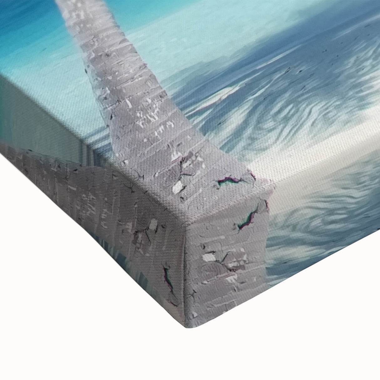 Vibrant close-up of a stretched canvas depicting a serene beach landscape, showcasing gentle waves and soft pastel skies, perfect for coastal decor enthusiasts.